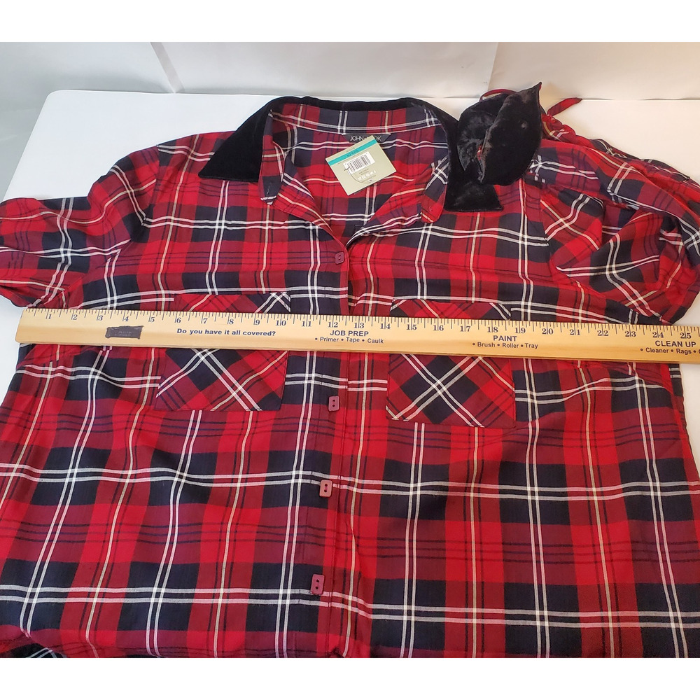 John Mark Tunic Top Womens SZ OX Red Black Plaid Velvet Collar Cinched Sleeves - Picture 9 of 16